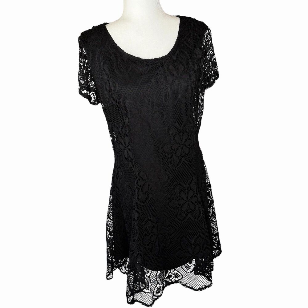American Rag Cie Open Knit Crochet Black Dress Size XL Short Slv Lace Whimsigoth